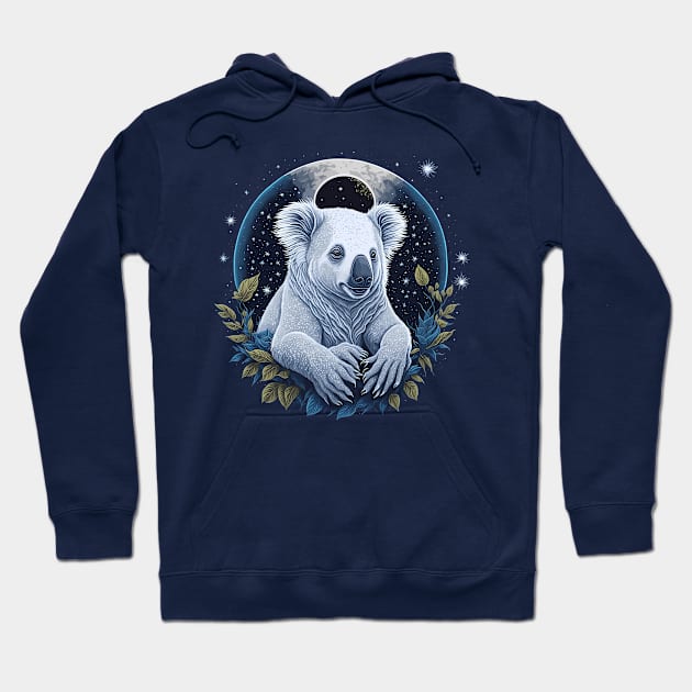 White Koala Bear at Night Time Hoodie by ElMass